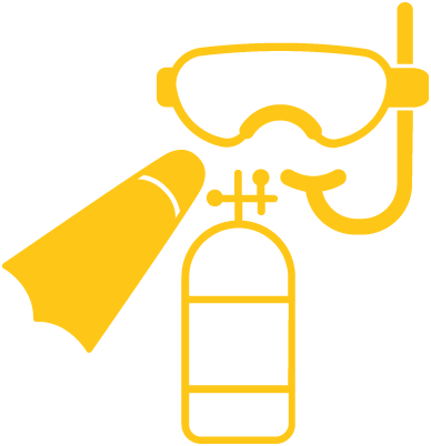 It includes a diving mask with a snorkel, a single diving fin, and an oxygen tank