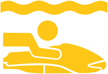 a yellow silhouette of a person riding a personal underwater vehicle, with wavy lines above it, suggesting water